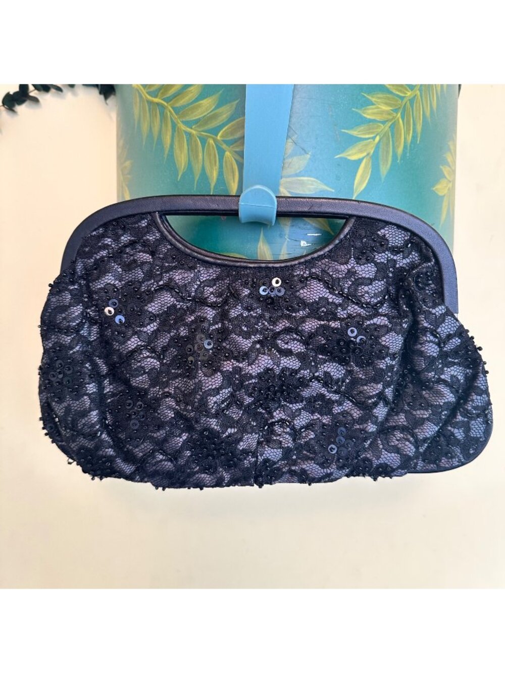 Black Lace Evening Clutch With Sequins & Built-In Handle - The Limited - 11"x7"